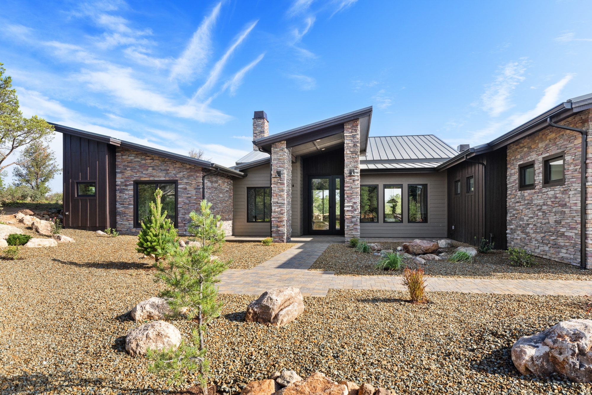 Clear Fork Estate front elevation in American Ranch, Prescott AZ, custom home by Usonia Design Build
